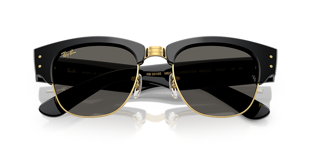 RAY-BAN RB0316S Mega Clubmaster Blacked Out Collection Black On Gold - Unisex Sunglasses, Ultra Black Lens