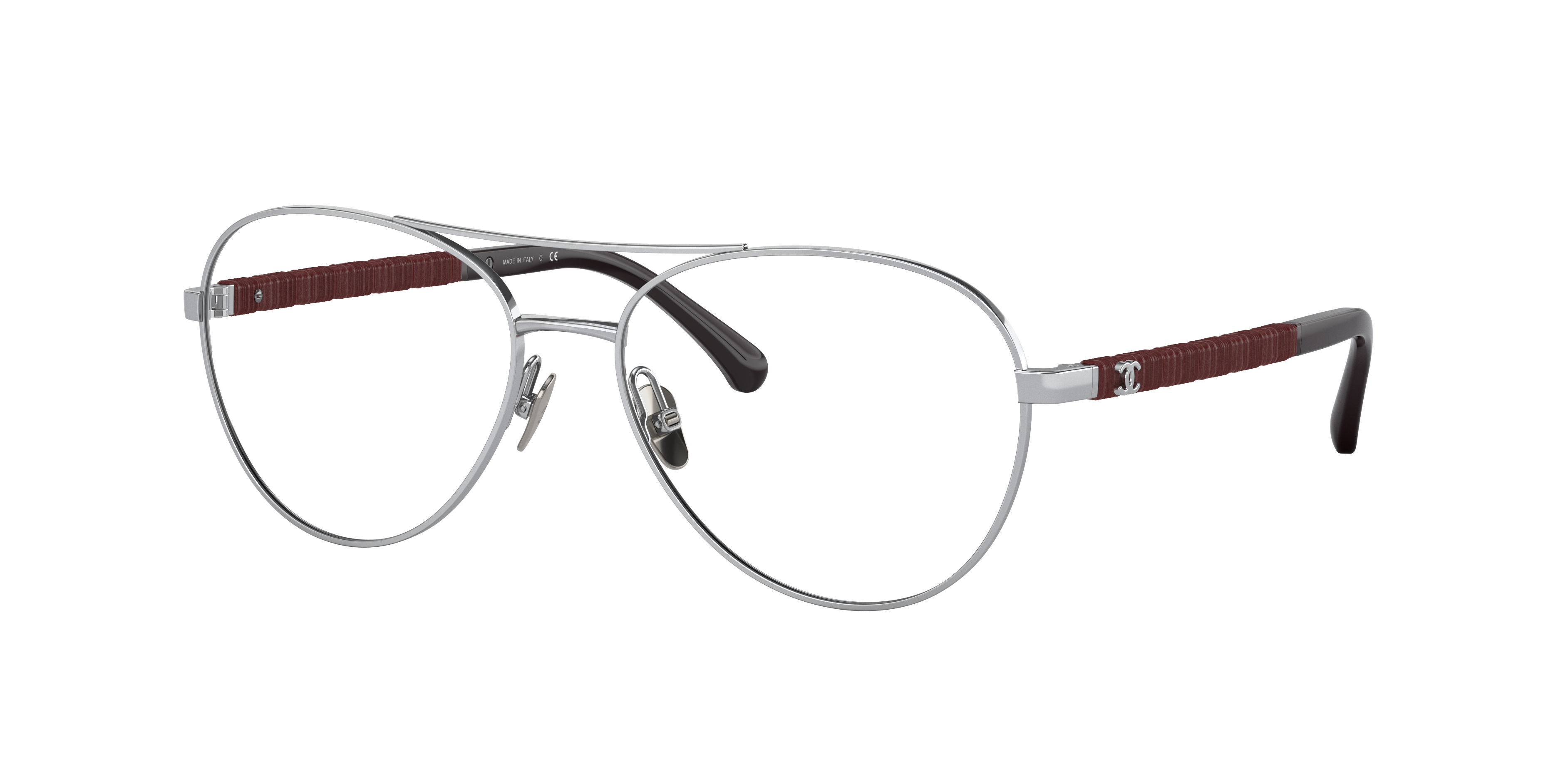 Chanel Woman Sunglass Pilot Eyeglasses CH2210Q -  Frame color: Silver & Burgundy, Lens color: Demo Lens