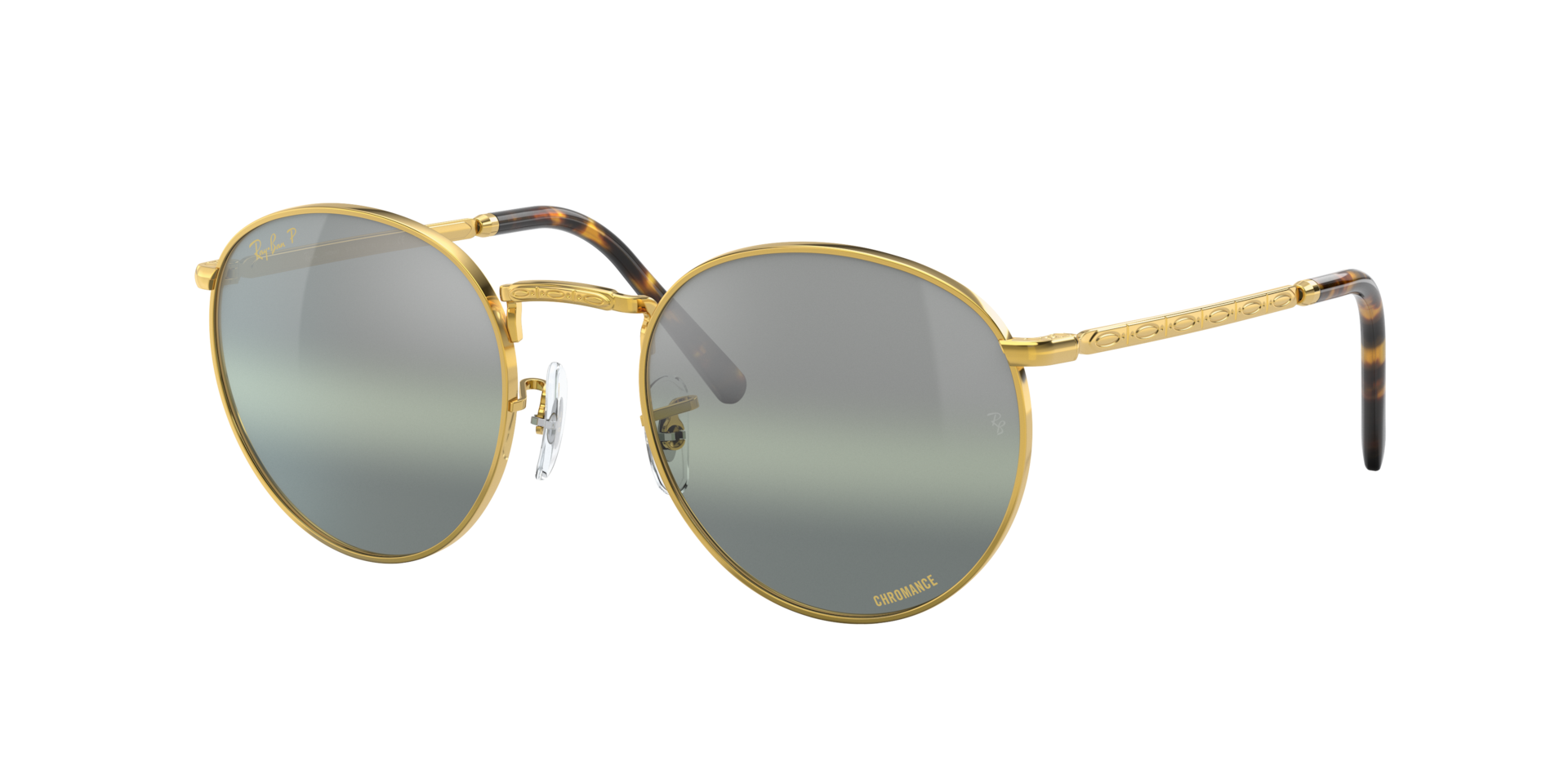 RAY-BAN Unisex Sunglasses New Round Polarized+ Lenses - Frame color: Gold, Lens color: Silver/Green Polarised+