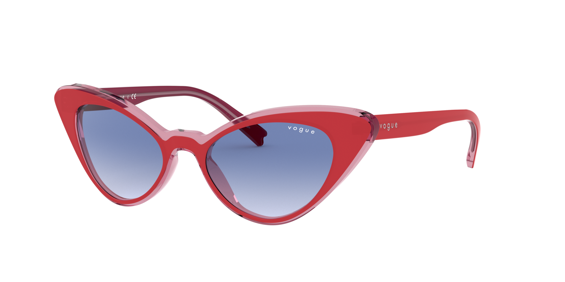 Óculos de sol Vogue Eyewear VO5317S, formato cat-eye, armação em acetato vermelho translúcido, lente azul translúcida degradê