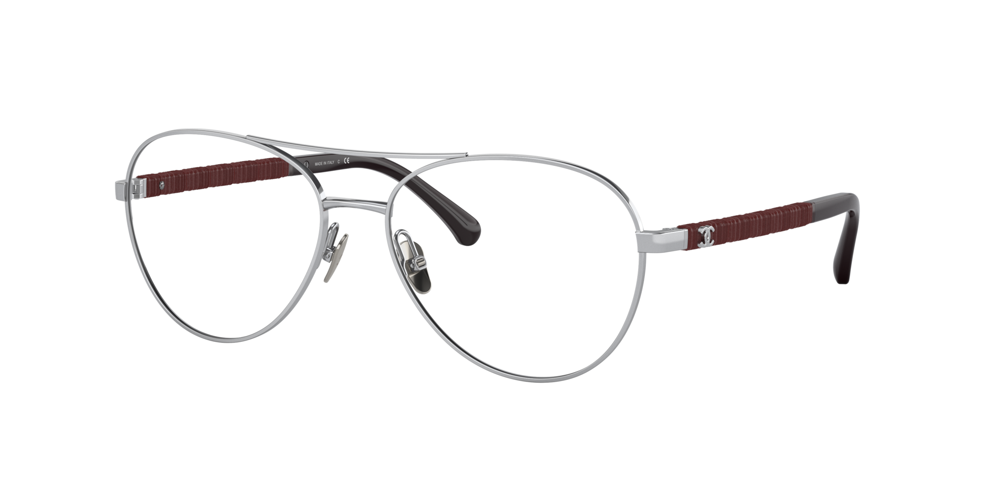 Chanel Woman Sunglass Pilot Eyeglasses CH2210Q -  Frame color: Silver & Burgundy, Lens color: Demo Lens