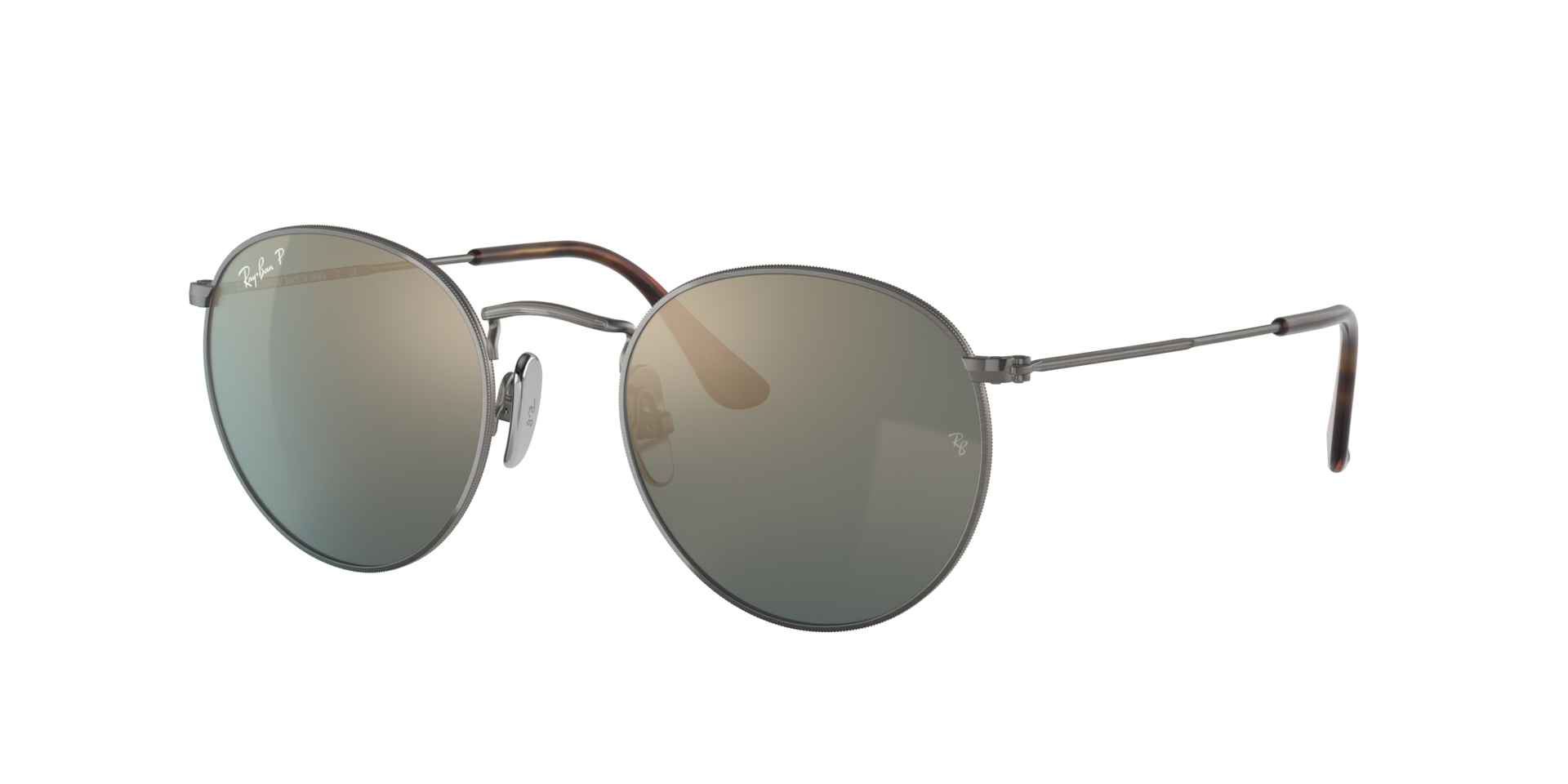 RAY-BAN Unisex Sunglasses Round Titanium - Frame color: Gunmetal, Lens color: Blue Mirror Gold Polarised