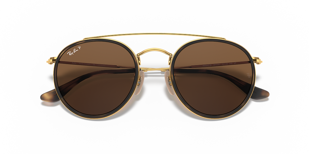 Ray-Ban RB1590 ブラウンラウンドサングラス Ray-Ban Round Double Bridge M (51 - 22) with Brown lenses and Gold