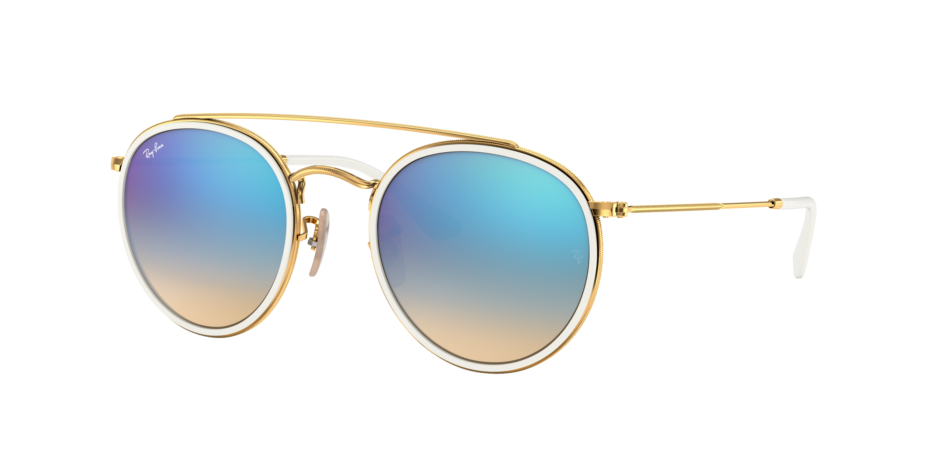 Ray-Ban Unisex Sunglass Round Double Bridge -  Frame color: Arista Gold, Lens color: Blue Flash