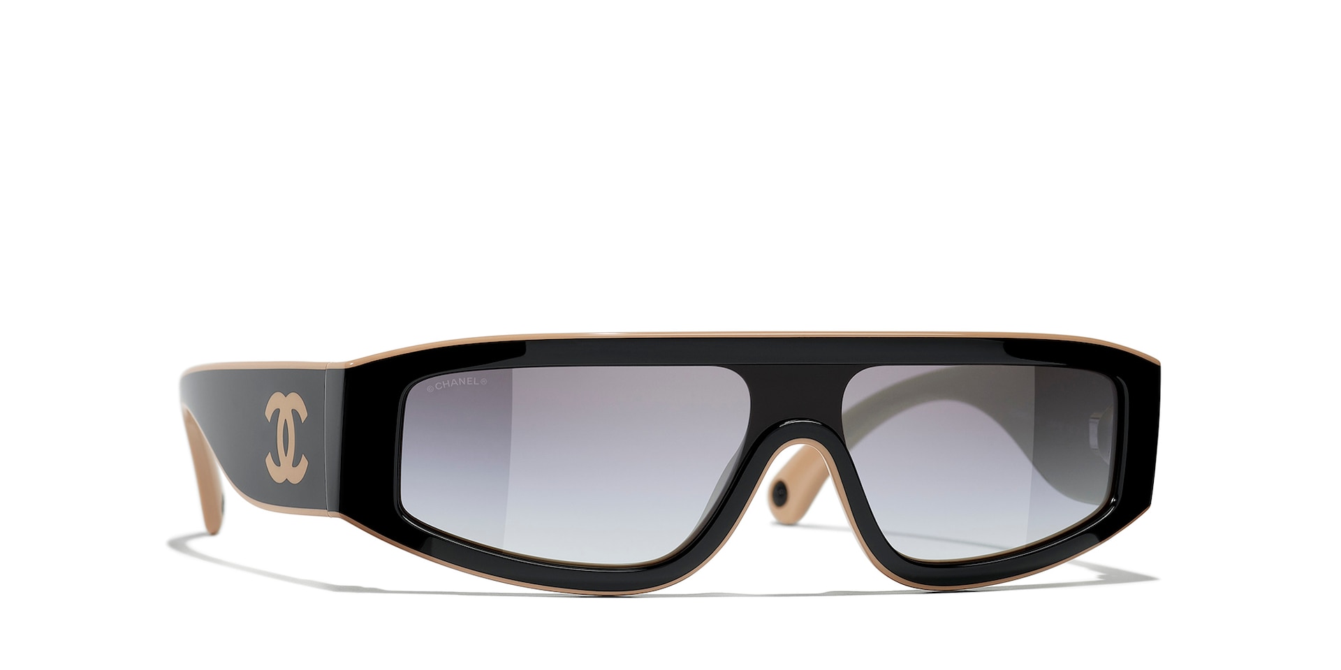Chanel Woman Sunglass Shield Sunglasses CH6057 -  Frame color: Black & Beige, Lens color: Grey