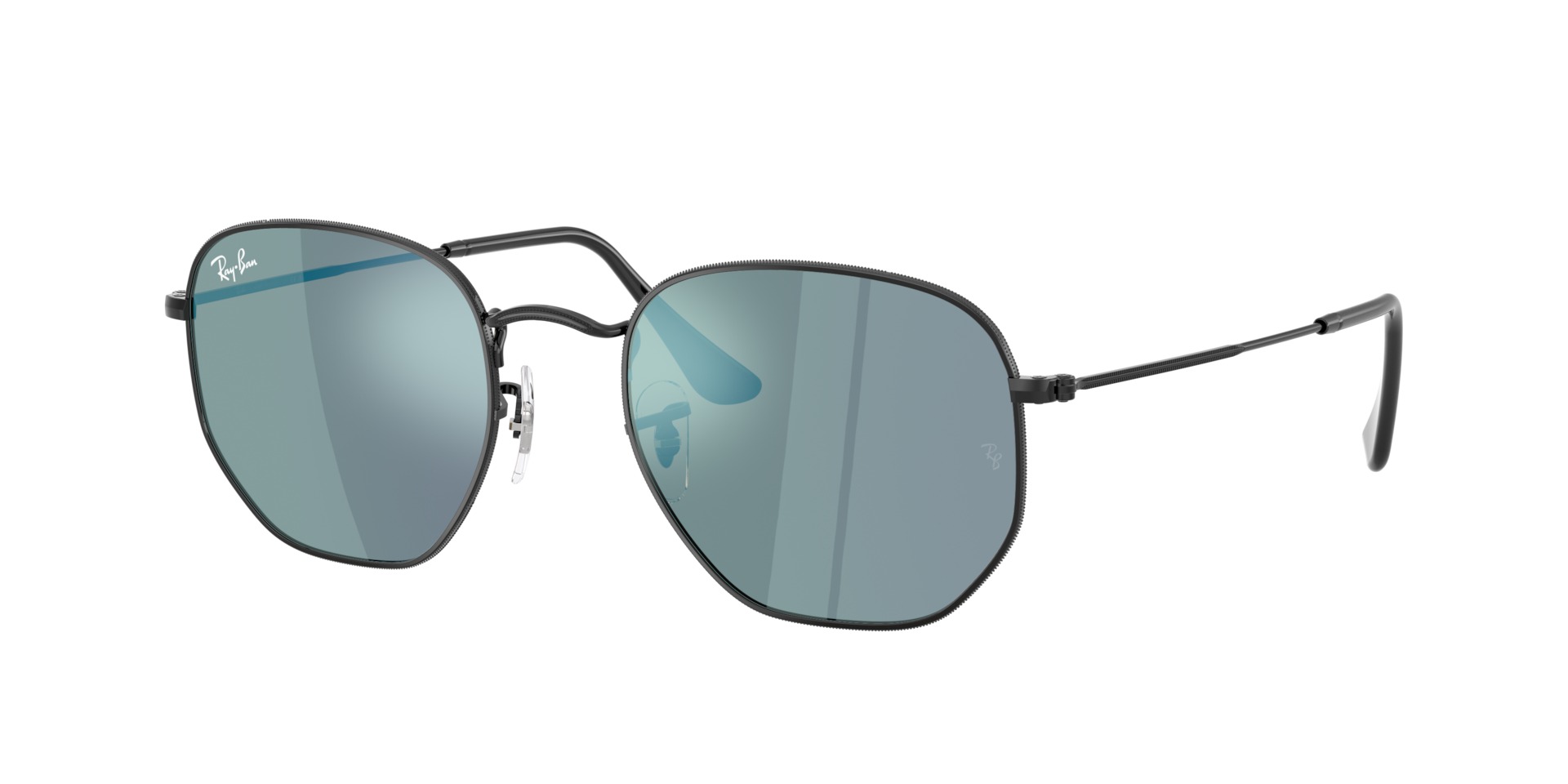 Ray-Ban Unisex Sunglass Hexagonal Flat Lenses -  Framekleur: Zwart, Lenskleur: Blauw gespiegeld