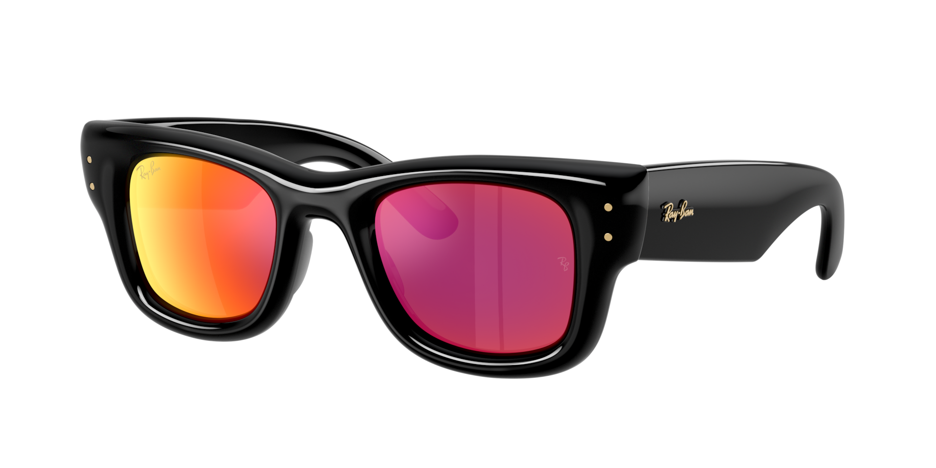 Ray-Ban Unisex Sunglass Wayfarer Puffer -  Framekleur: Zwart, Lenskleur: Bruin gespiegeld oranje