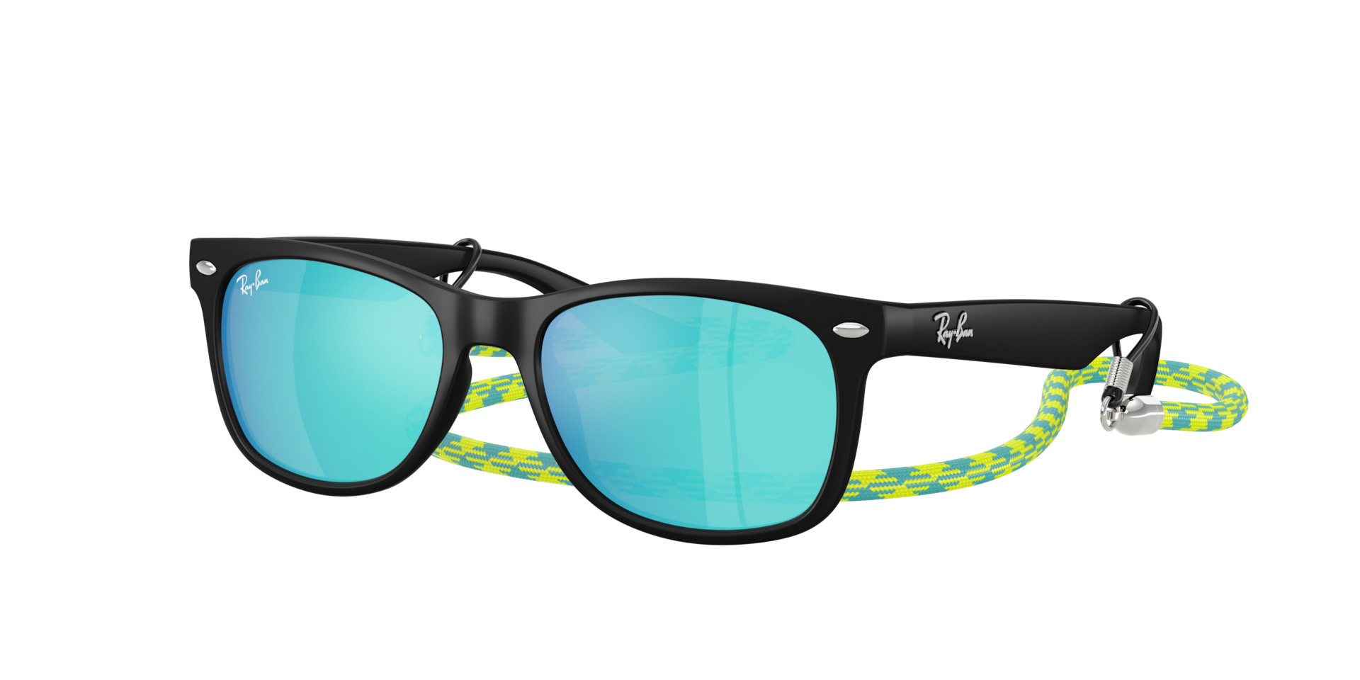 RAY-BAN Unisex Sunglasses RB9052SF New Wayfarer Kids Summer Capsule  -  Frame color: Rubber Black, Lens color: Light Green Mirror Blue