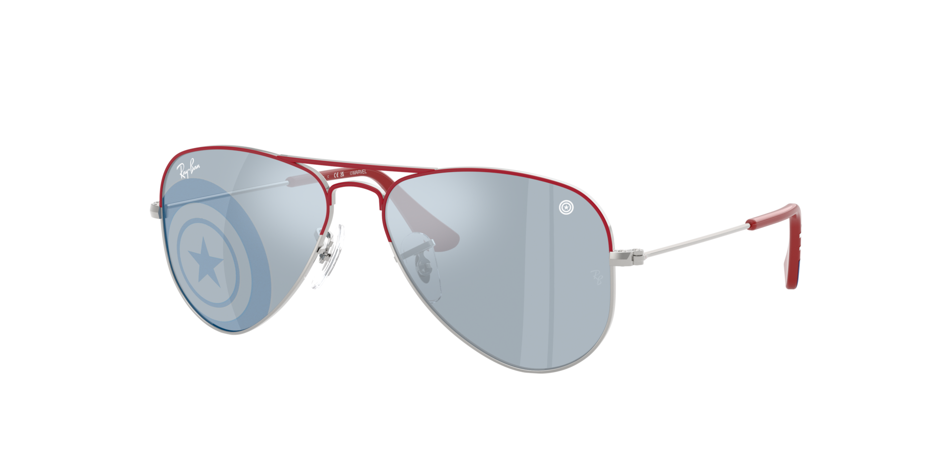Ray-Ban  Sunglass Ray-Ban MARVEL© - Captain America Mini Aviator - Couleur du Monture: Argent avec haut rouge, Couleur de Lentille: Imprimé bleu Capta