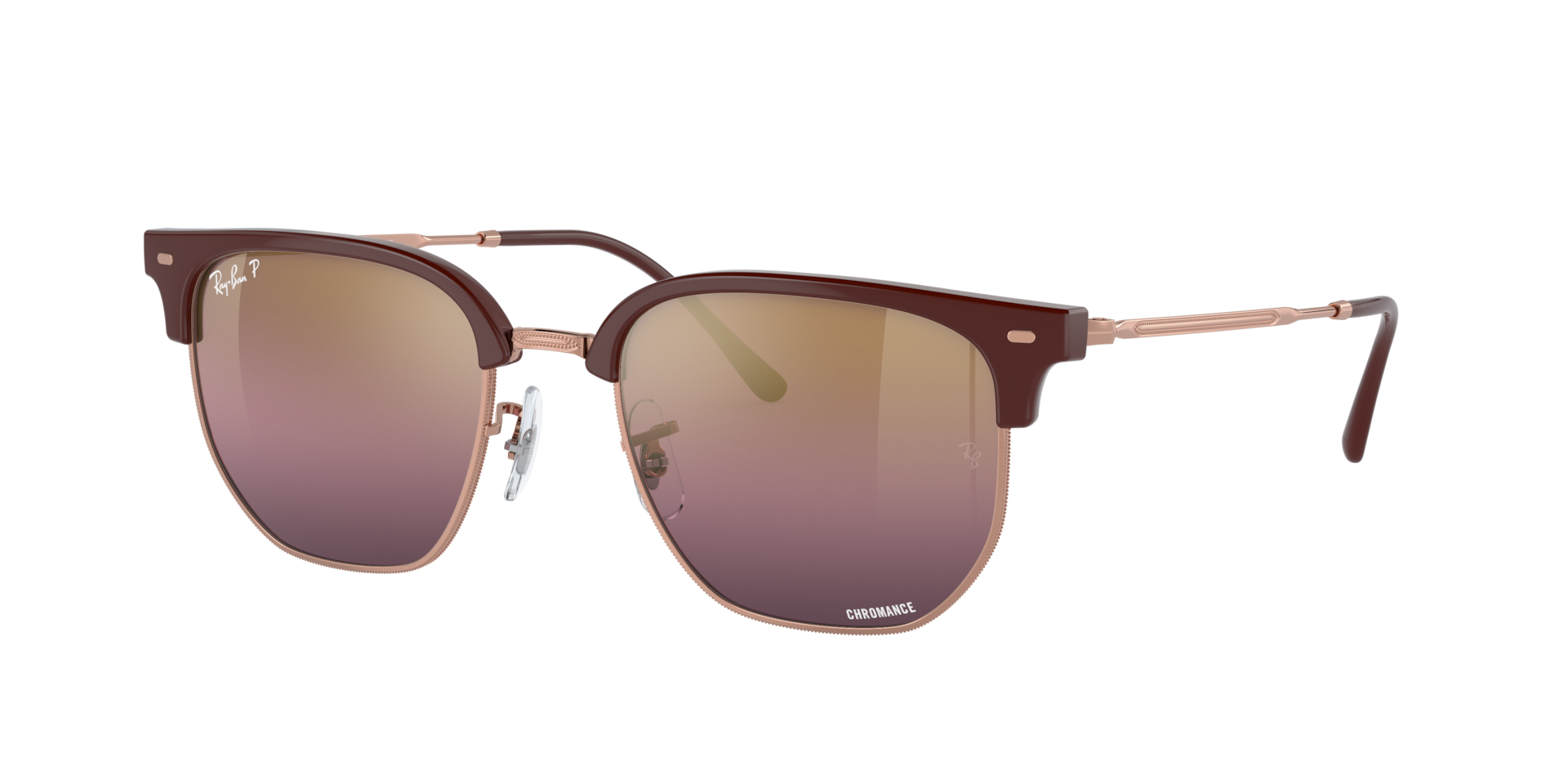 Ray-Ban Unisex Sunglass New Clubmaster Polarized+ Lenses -  Frame color: Bordeaux On Rose Gold, Lens color: Gold/Red Polarised+